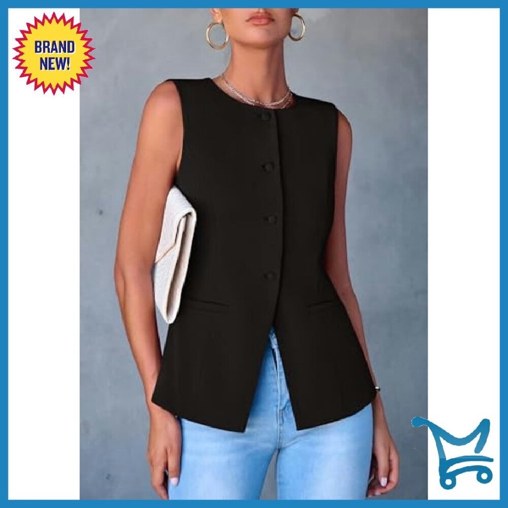 Sleeveless Button Down Vest Blazer Business Casual Polyester Waistcoat - Picture 4 of 8